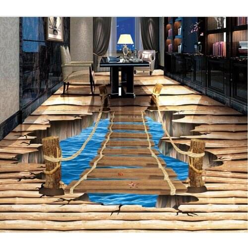 Modern Sticker 3D Floor Pure Wood Crack 3D Bathroom Living Room Floor Tiles Non-slip Waterproof Self-adhesive PVC Wallpaper