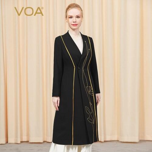 VOA 60m/m High Quality Luxury Silk Frosted Black Buckle V Long Sleeve Gold Yellow Edge Bright Line Decoration Long Trench FE35