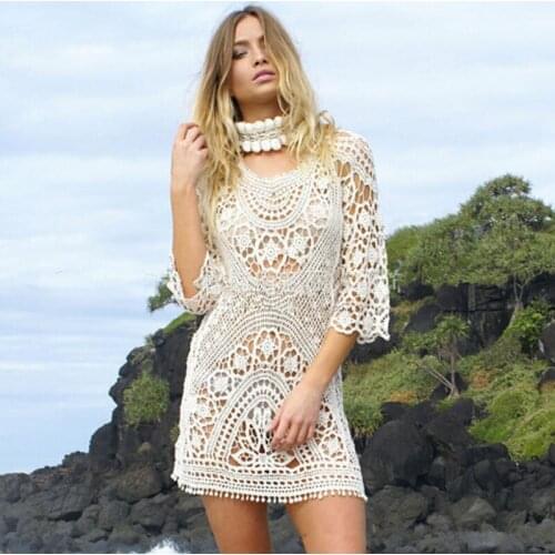 Swimwear Cover Up Women White Lace Tunic Beach Dress Clothing Backless Bathing Suit Crochet Bikini Swimming Beach Wear