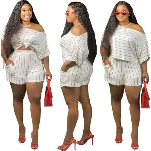 Plus Size Women Casual Striped Printing Two Piece Sets Fashionable Short Sleeve Loose T-shirts Elastic Waist Mini Shorts Outfits