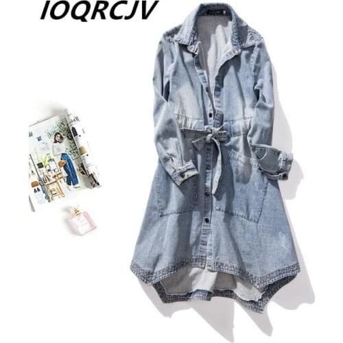 2019 New Women Dress Elegant Fashion A-Line Long Sleeve Single-Breaste Solid Medium Long dress Denim Blue Loose Female Dress