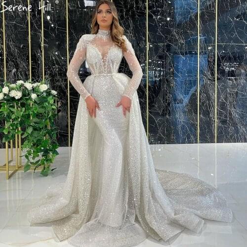 Serene Hill White Detachable Skirt High Neck Muslim Evening Gown 2021 Luxury Beaded Mermaid Elegant Formal Party Dress CLA71110