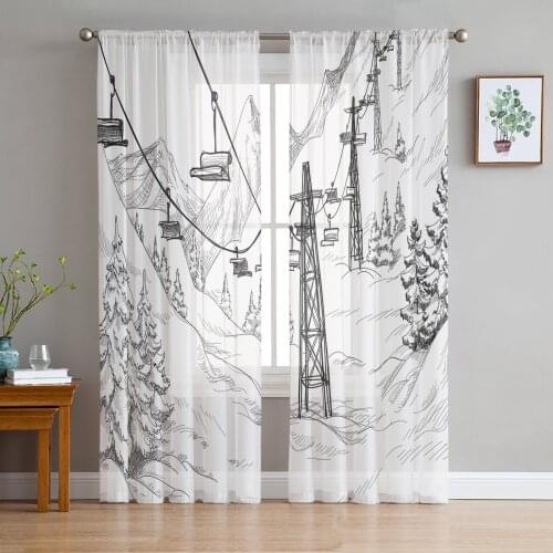 White Snow Cable Car Ski Mountain Sketch Sheer Curtains for Living Room Bedroom Kitchen Tulle for Windows Voile Yarn Curtains