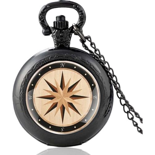 Retro Compass Design Black Vintage Quartz Pocket Watch Men Women Glass Dome Unique Pendant Necklace Hours Clock Gifts