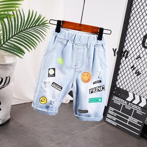 Childrens denim shorts 2020 summer fashion cartoon Kid shorts new boy hole letter jeans suitable for 2-8 years old