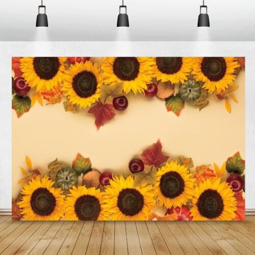 Laeacco Autumn Blooming Sunflowers Pumpkin Apple Fruit Wall Background For Photography Portrait Baby Shower Food Photo Backdrop