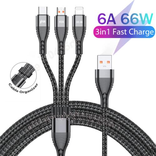 1.2m 3 In 1 USB Cable USB A To Micro USB/Type C/8 Pin Kable For iPhone Charger 6A Fast Charging Cord For iPhone 12 Xiaomi Redmi