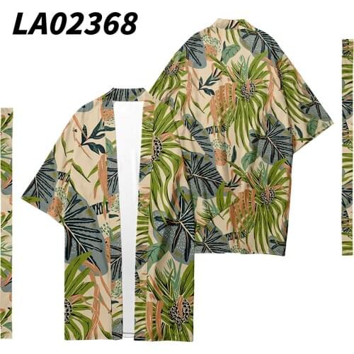 Plant Floral Printed Long Style Kimono Beach Cardigan With Belt Japanese Couple Women Men Casual Asian Clothes Harajuku