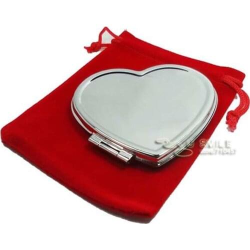 100X Blank Heart Compact Mirrors Makeup Mirror With Companion RED POUCHES Bridal Wedding Gift #18038
