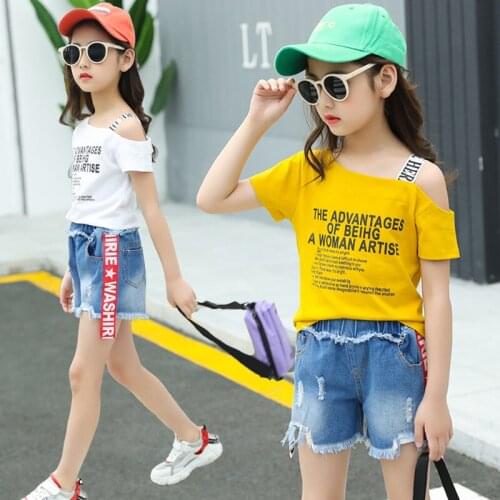 Summer Girls Kids Clothes Sets One Word Shoulder Letter Top + Denim Shorts Children Two Piece Suits 4-14 Years Boutique Outfits
