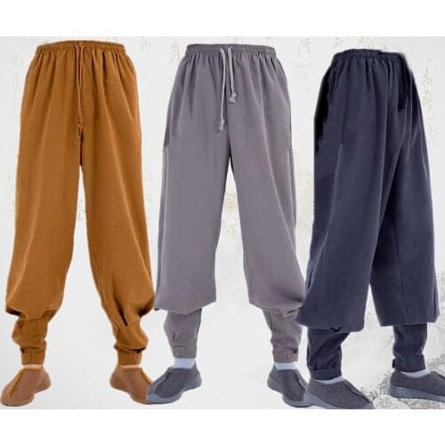 Top quality linen unisex buddhist budda trousers zen lay meditation pants shaolin monks kung fu bloomers grey/yellow/blue