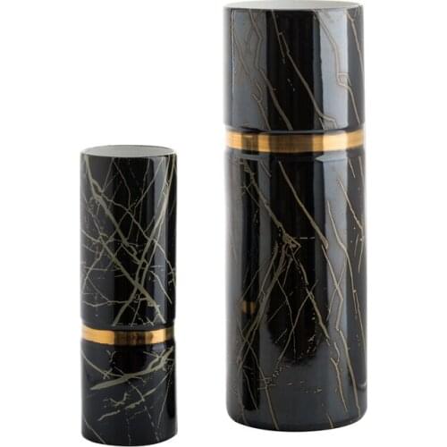 Model Room Soft Decoration Golden Waist Straight Black Ceramic Vase Dried Flower Flower Arrangement Vase Ornaments