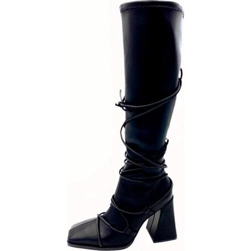 Fashion Block Heel Lace Up Knee High Boots Square Toe Stretch Black Leather Popular Fashion Women Boot Slip On Winter Shoes