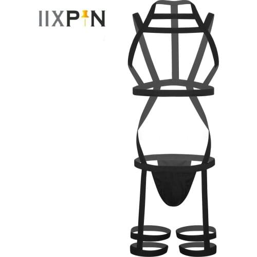 Mens Sexy Elastic Strappy Body Shoulder Chest Harness Belts Thong Underwear Lingerie Leg Belt Briefs Stage Performance Costume