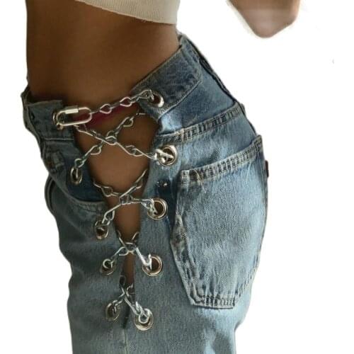 New Arrivals Ladies Hollow Trousers Wholesale Highwaist Denim Jeans Blue Chain Pant For Women