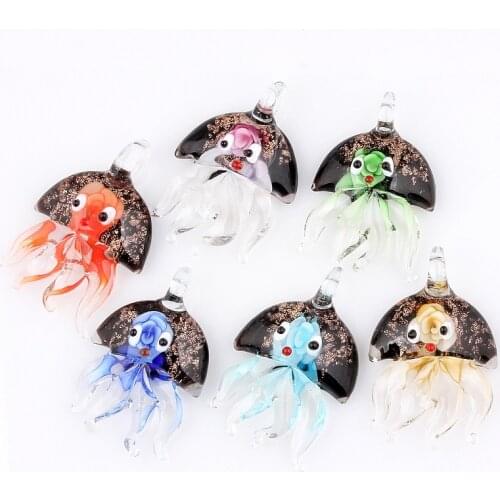 Qianbei Wholesale 6pcs handmade Murano Lampwork Glass Mix Color Flower Jellyfish Pendant Fit Necklace Hot Christmas gift p0134