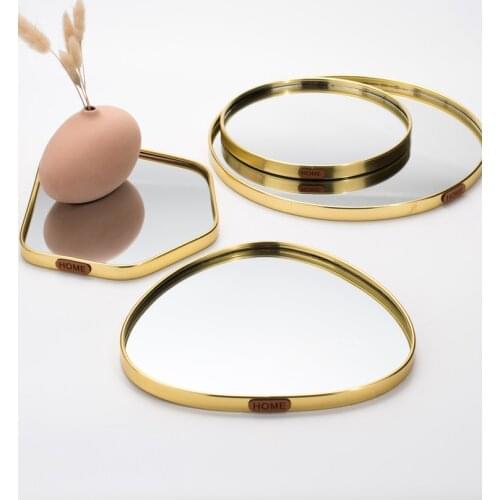 Nordic Home Light Luxury Metal Glass Jewelry Display Plate Geometric Mirror Tray Gold Jewelry Storage Ring Dish Wedding Gift