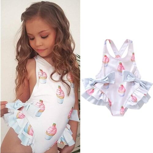 2021 Summer Girl’s Fashion Ruffles One Piece Swimsuit Cute Ruffle Bow Cake Pattern Backless Suspender Toddler Girls Swimsuit