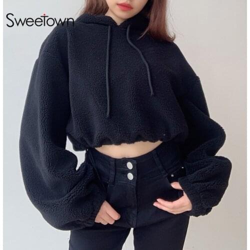 Sweetown Korean Fashion Teddy Hoodies Women Long Sleeve Autumn Winter Clothes Drawstring Black Pullover Sweatshirts Cropped