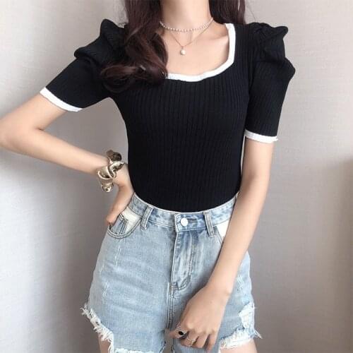 Summer Sexy Knit T-shirt Knitted Crop Tops Women Retro Low O-neck Puff Sleeve Harajuku Matching Short sleeve Lady Slim Short Top
