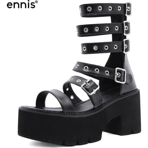 ENNIS Summer Sandals Women 2021 Thick Bottomed Female Platform Sandal High Heel Black Shoes Rivet Buckle Gladiator Big Size S108