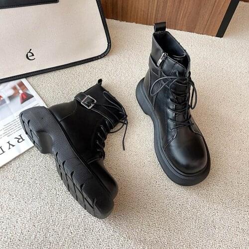 New Women Ankle Boots Winter Autumn Fashion Boot Female Platform Round Toe Lace-Up Shoes Ladies PU Leather Comfortable Footwear