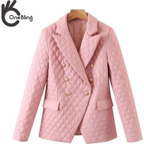 OneBling Za Women 2021 Vintage Traf Pink Plaid Print Blazer Quilted Coat Office Ladies Double Breasted Outerwear Chic Slim Tops