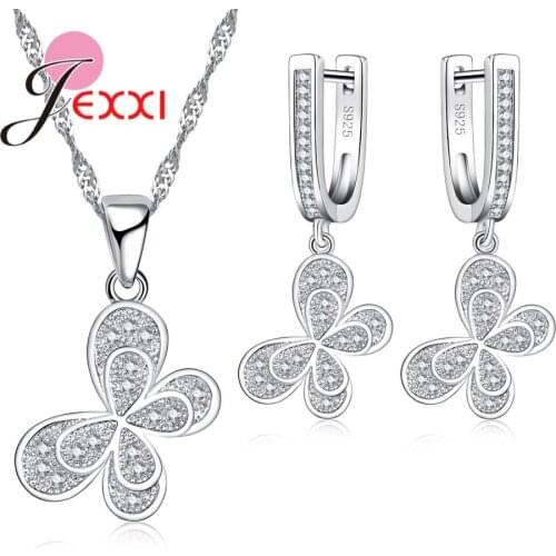 New Women Shinning 925 Sterling Silver Cubic Zirconia Butterfly Necklaces Earrings Set For Wedding Bridal Jewelry Sets