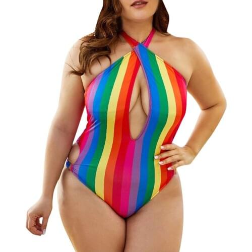 Women One-Piece Swimsuit Plus Size Swimwear Rainbow Stripe Print Halter Bikini 2021 Mujer Beachwear Swimwer Swimming Suit
