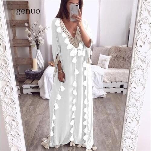2020 Boho Summer Maxi Dress Kaftan Beach Cover Up Woman Beachwear Swimsuit Cover-ups Sexy V-neck Bats Sleeve Robe De Plage