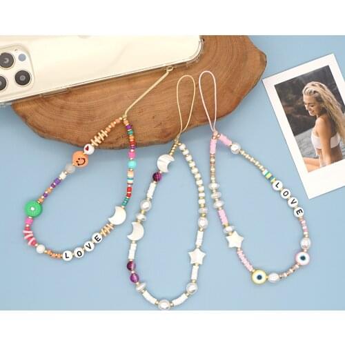 Beaded Chain For Phone Case Moon Shell Bead Charm Pearl Phone Chains Women Telephone Jewelry Letter Mobile Strap Lanyard