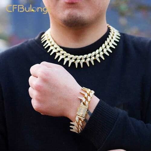 CFBulongs Heavy Miami 25mm Bling Thorns Male Cuban Chain AAA Crystal Zircon Bracelet Mens Jewelry Necklace