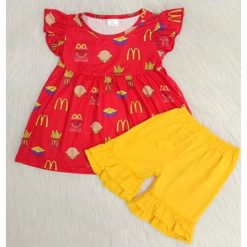 French fries children’s set high quality flying sleeve t shirt+ruffle shorts 2 pcs set girls outfits