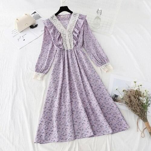 Elegant V-neck Chiffon Midi Dress Women Lace Stitching Slim Floral Dress Party Vestidos Spring Summer A-line Dresses 2021