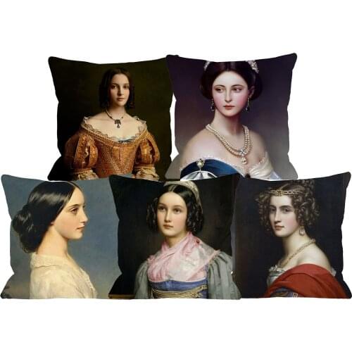 European Royal Court Beauty Girl Pillow Case Portrait Painting Home Sofa Decoration Cushion Cover White Soft Polyester 45X45cm