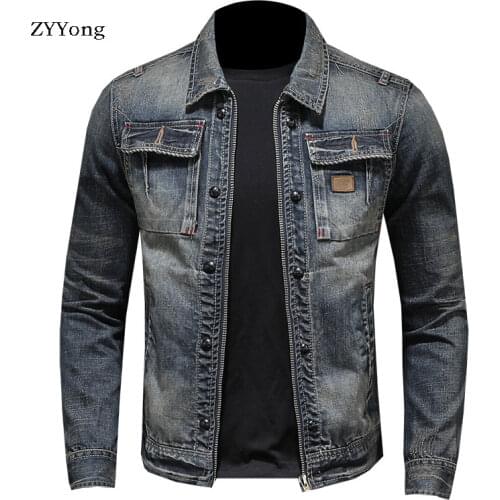 Spring Bomber Denim Jacket Men Jean Coats Motorcycle Cotton Turndown Collar Washed Slim Casual Fashion Long Sleeve Clothing