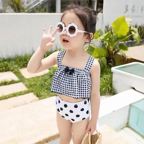 Summer cute plaid two pieces Swimwear for girls 2021 cute vest and dot shorts bathing suit