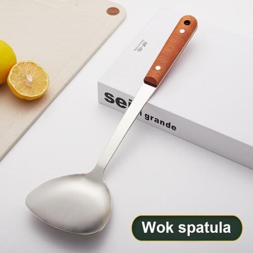 Wok spatula Stainless Steel Turner Silver Cooking Tool Set Long Wooden Handle Spatula Big Kitchen Cooking Utensils Accessories