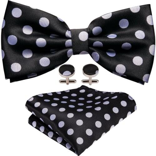 Fashion Black White Polka Dot Silk Bow Ties For Men Wedding Accessories Adjustable Butterfly Handkerchief Set Barry.Wang F-901