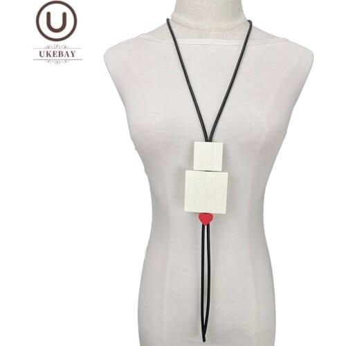 UKEBAY New Wood Pendant Necklaces For Women Long Necklace Statement Jewelry Black Rubber Necklaces Heart Accessories Party Chain