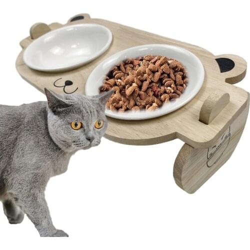 Pet Cat Dog Elevated Ceramic Bowl Dish with Wood Stand Eco Friendly Double Food Water Bowls Raised Anti-Slip Puppy Kitten Feeder