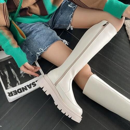 Simple Side Zipper Square Toe Chelsea Knee-Length Boots Large-Size Thick-Soled Inner Heightening Boots Womens Platform Boots