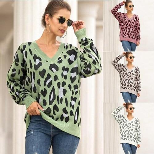 Sweaters For Women Pullover 2021 Sweater Fashion Large Size Leopard Jacquard V-neck Sweater Women Winter Clothes MMY119167