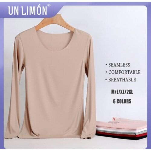 UNLIMON Women Long Sleeve Tshirts Autumn New Seamless Long Sleeve Round Collar Large Size Bottom Blouse