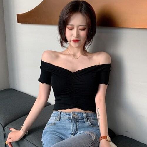 Sexy Women Ruched Fashion V Neck Short Sleeve T Shirt Summer Solid Color Knitted Sexy Slim Crop Top Women Korean Casual T-Shirt