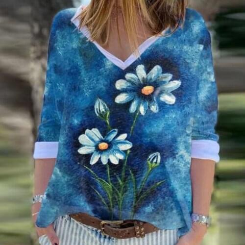 2021 Autumn Casual Half Sleeve Loose Women Pullovers Elegant Floral Printing V-Neck Tops Office Lady Spring Fashion New T-Shirts