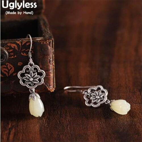 Uglyless Thai Silver Vintage Flowers Earrings for Women 100% Real Hetian Jade Magnolia Earrings Real 925 Silver Brincos Ethnic