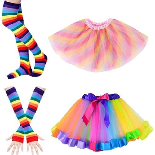 Womens 80s Neon Party Outfit Costume Rainbow Stripes Arm Warmer Long Socks Bowtie Suspenders Tutu Skirt Cosplay Set