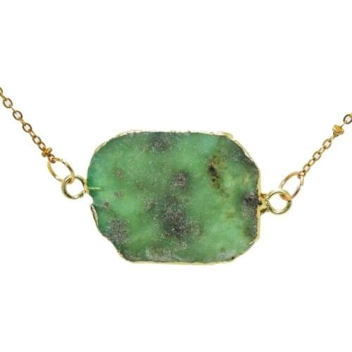 Fashion Jewelry green crystal quartz Gold Bezel pendant women necklace natural stone Raw Chrysoprase slab slice necklace