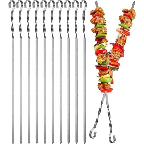 10pcs Stainless Steel Barbecue Skewers Reusable Flat Forks Grill Skewers BBQ Needle For Outdoor Camping Kitchen Accessories Tool